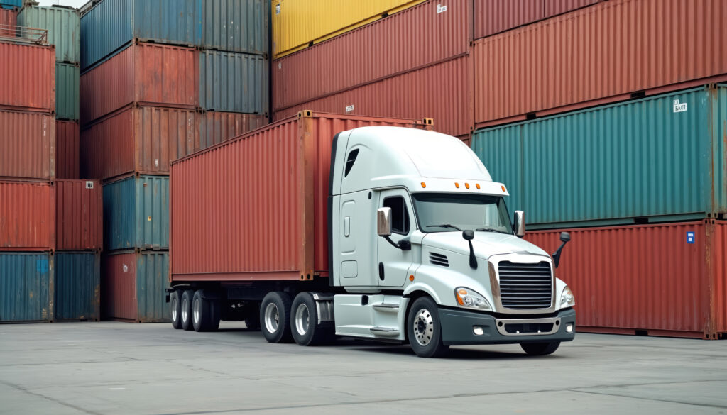 Large truck with trailer near shipping containers. Cargo transport concept. International trade. Logistic, freight industry. Delivery around world. Import export. Global commerce supply chain.